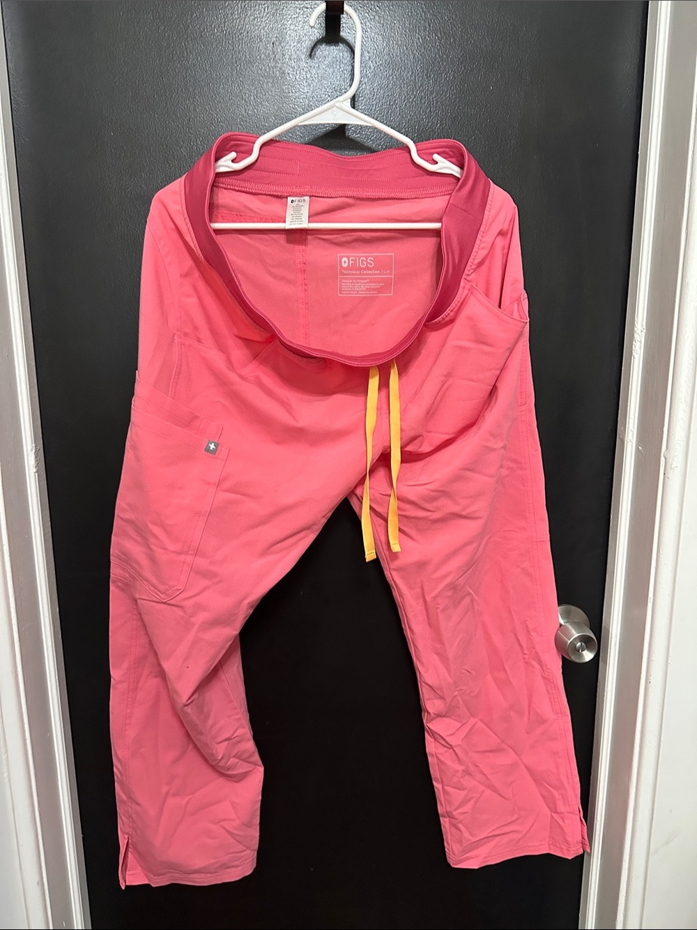 Figs Coral Pink Scrub Pants with Yellow Drawcord